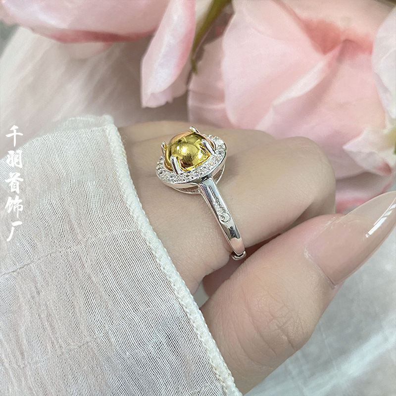 泰国龙婆本庙吸钱星闪钻小清新设计戒指女符文简约风金色开口指环