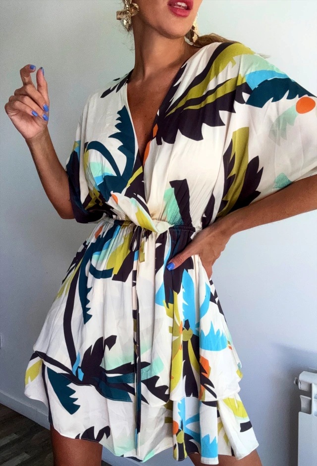 Abstract Print V-Neck Midi Dress With Tie Waist, Flowy Short Sleeve Summer Dress For Vacation & Casual Outings_ecoleips.com