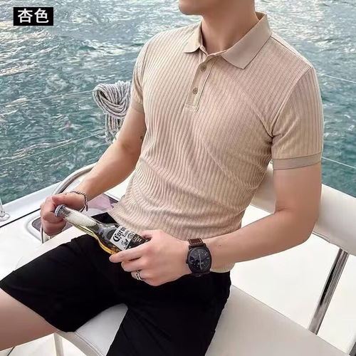 Ins Youth Crew Neck T-Shirt Plaid Knit Polo Shirt Short Sleeve Trendy Brand Summer Top Fashion Men's T-Shirt