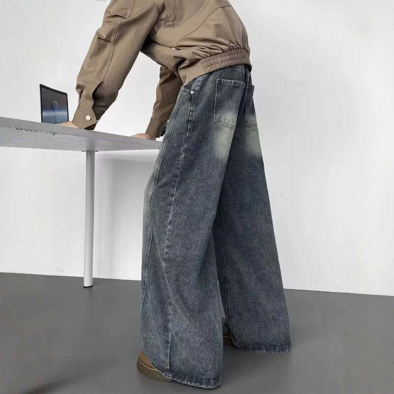 Vintage Washed Deconstructed Scimitar Jeans for Men, Summer Cleanfit Versatile Casual Pants, Loose Wide-Leg Long Pants