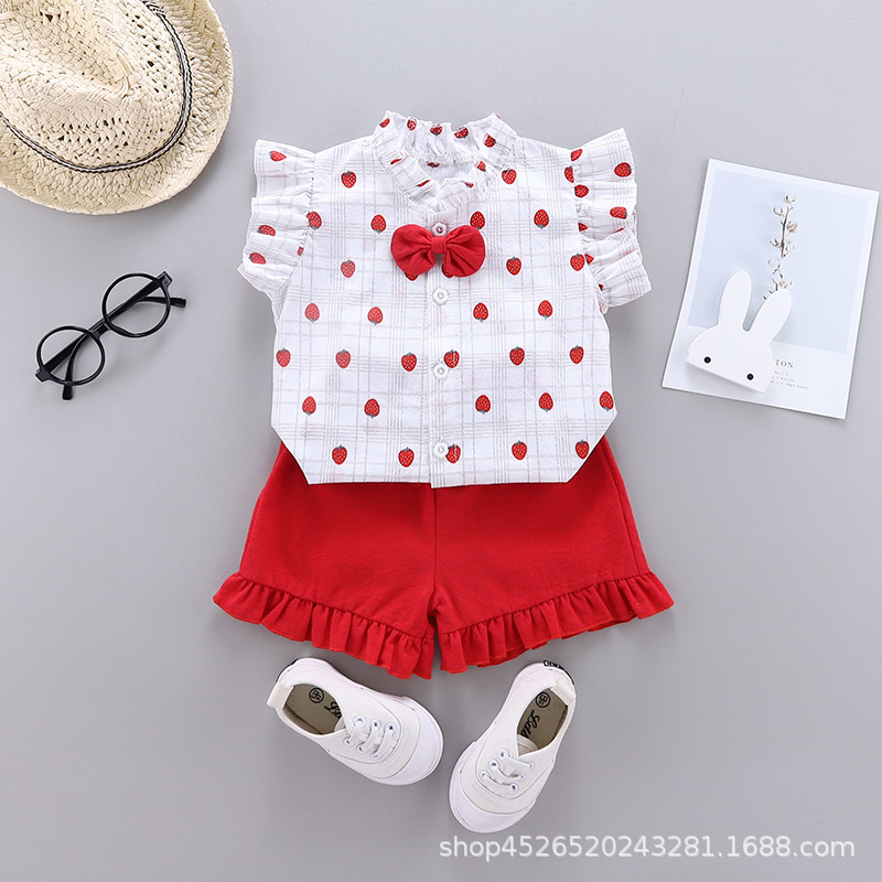 Girl Strawberry Plaid Shirt Bow Tie Cotton Top with Shorts