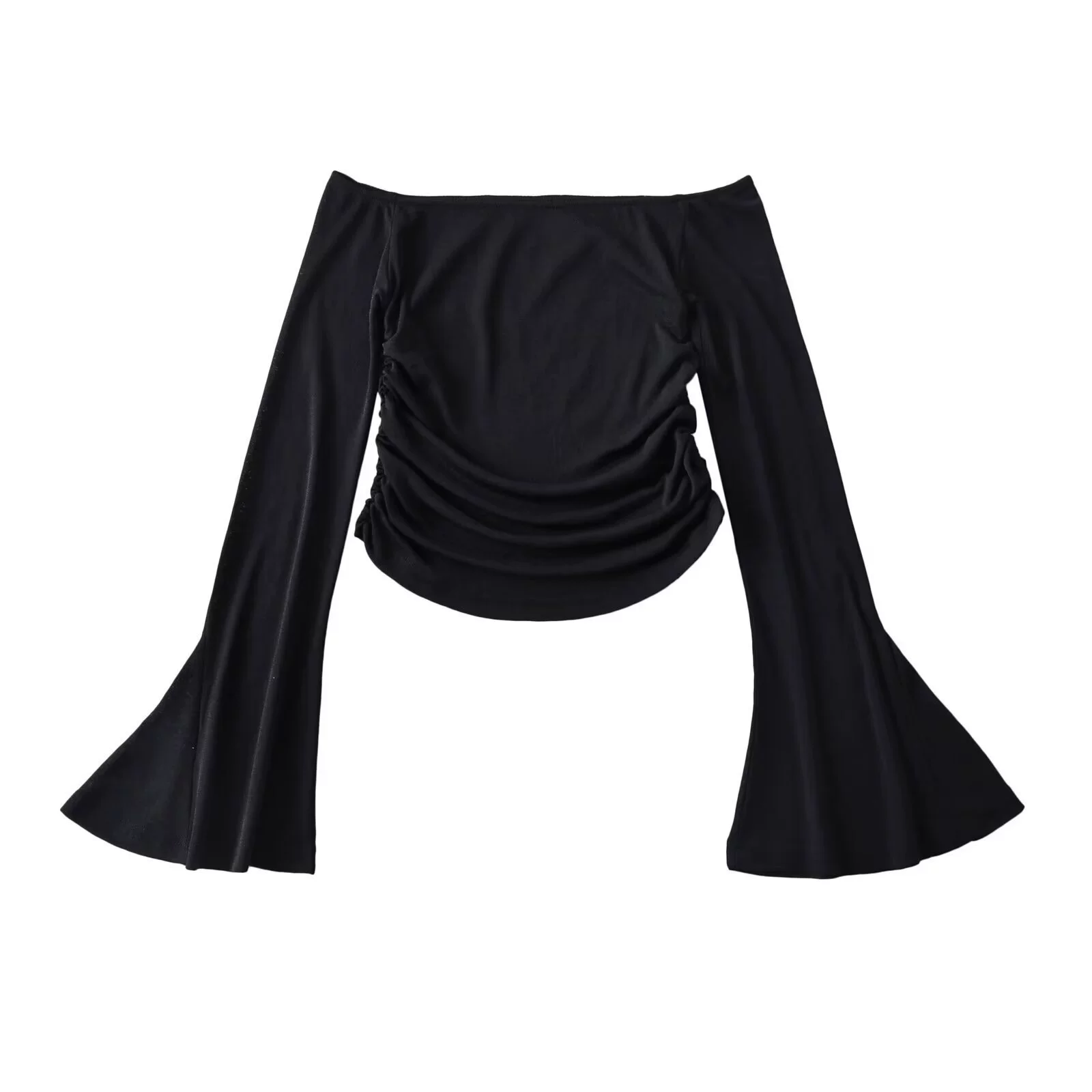 Оптовая продажа женской одежды через границу: сексуальная облегающая футболка с сетчатыми вставками, однорядным воротником, длинными рукавами и эластичным коротким рукавом-колокольчиком