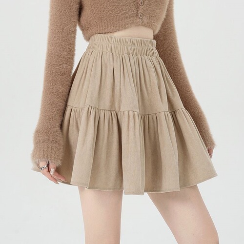 Puffy coffee color European cotton wool autumn and winter skirt elastic waist New elastic high waist slimming short skirt