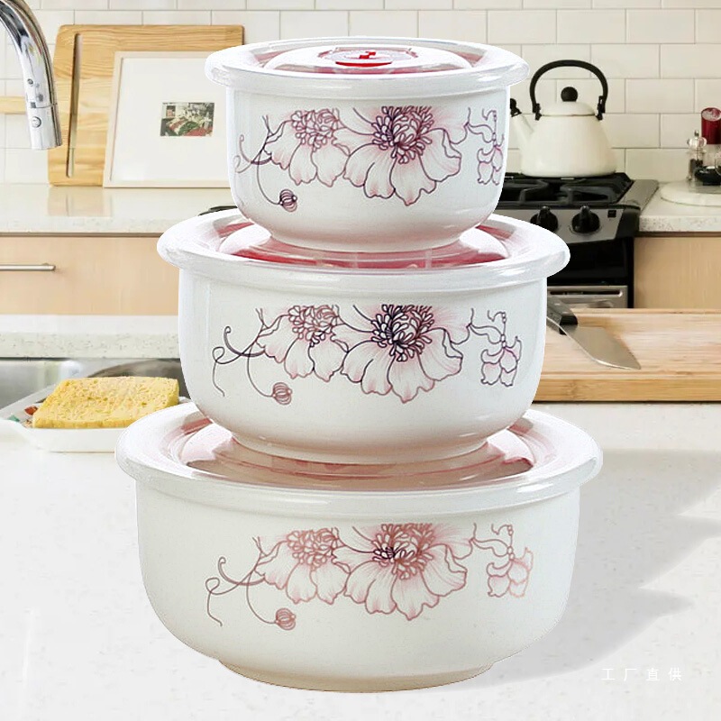 Microwave Oven Heating Bowl Set, Ceramic Bowl with Lid, Large Fresh-Keeping Bowl, Household Sealed Box, Three-Piece Set for Carrying Meals Microwave Oven Heating Bowl Set, Ceramic Bowl with Lid, Large Fresh-Keeping Bowl, Household Sealed Box, Three-Piece Set for Carrying Meals