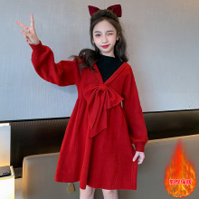 女大童毛衣连衣裙2025秋冬装新款蝴蝶结红色加绒甜美针织公主裙