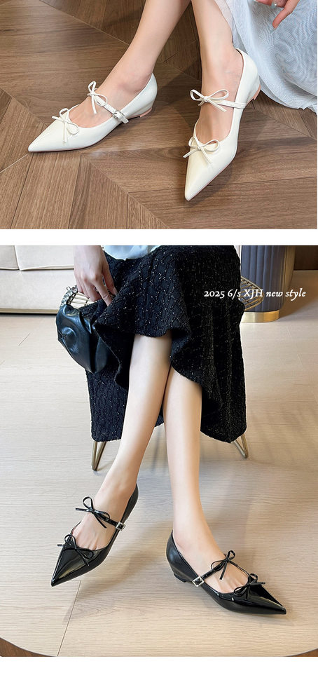 Giày cao gót nữ mũi nhọn quai ngang thắt nơ, đế xuồng gót thấp, da mềm miệng nông — Màu bạc, Màu trắng be, Màu đen chi tiết 12