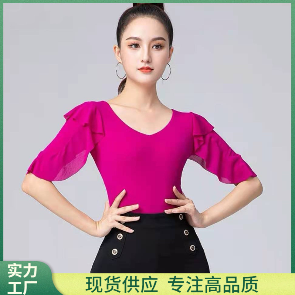 ✅ Modern Dance Tops for Women, New Latin Dance Ruffled Mid-Sleeve Ballroom Dance Tops, Practice Clothes, One-Piece Dance Clothes
