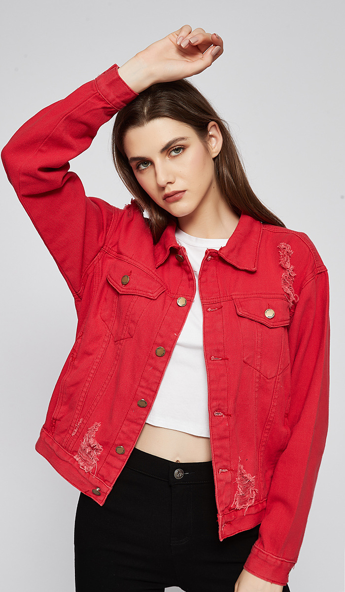 autumn red long-sleeved single-breasted ripped denim jacket nihaostyles wholesale clothing NSSY90694