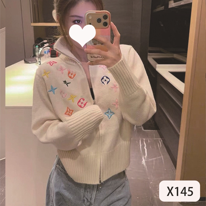 Autumn and Winter Lapel Small Fragrant Style Colorful Graphic Embroidery Zipper Long-Sleeved Loose Slim Sweater Knitted Cardigan Thick Jacket