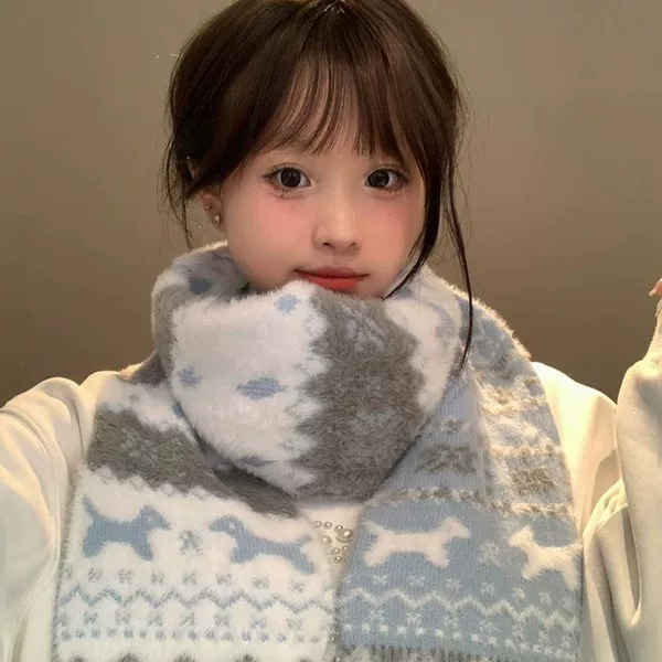 Winter Fair Isle Cat Pattern Double-Sided Knitted Scarf, Korean Style, Thickened Long Scarf for Women, Warm Neck Warmer for Students