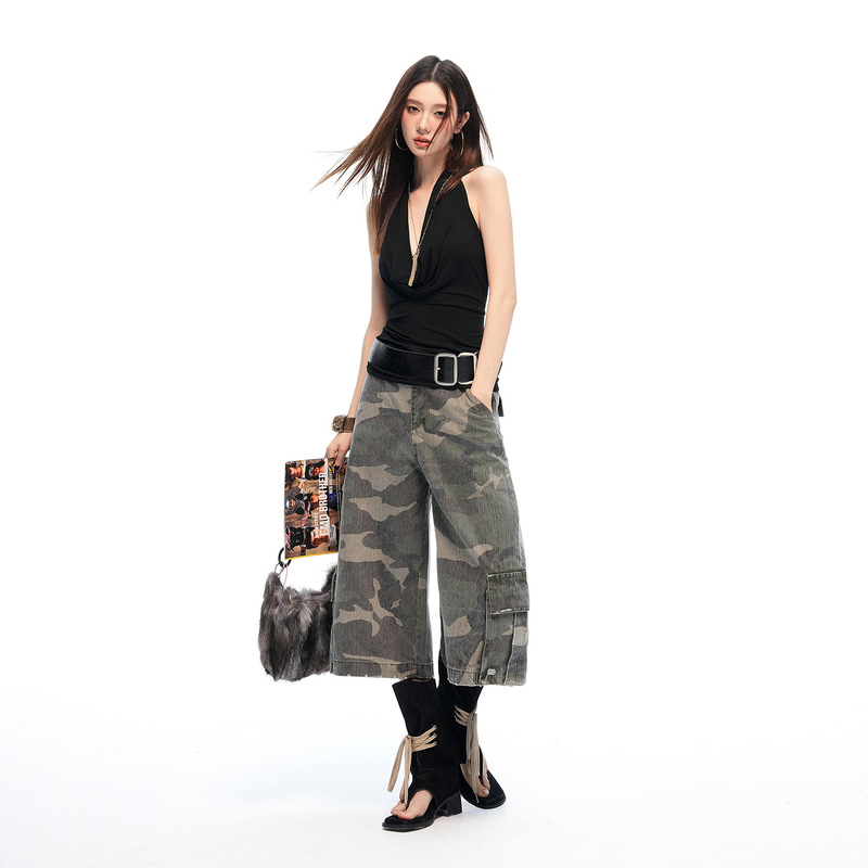 26Th Summer New Style American Retro Washed Faded Camouflage High-Waisted Cargo Pocket Cropped Jeans for Women