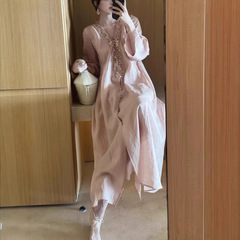 重工釘珠vネック軽豪華名媛リゾート風高級感ロングスカート女性気質ラミー麻ワンピース