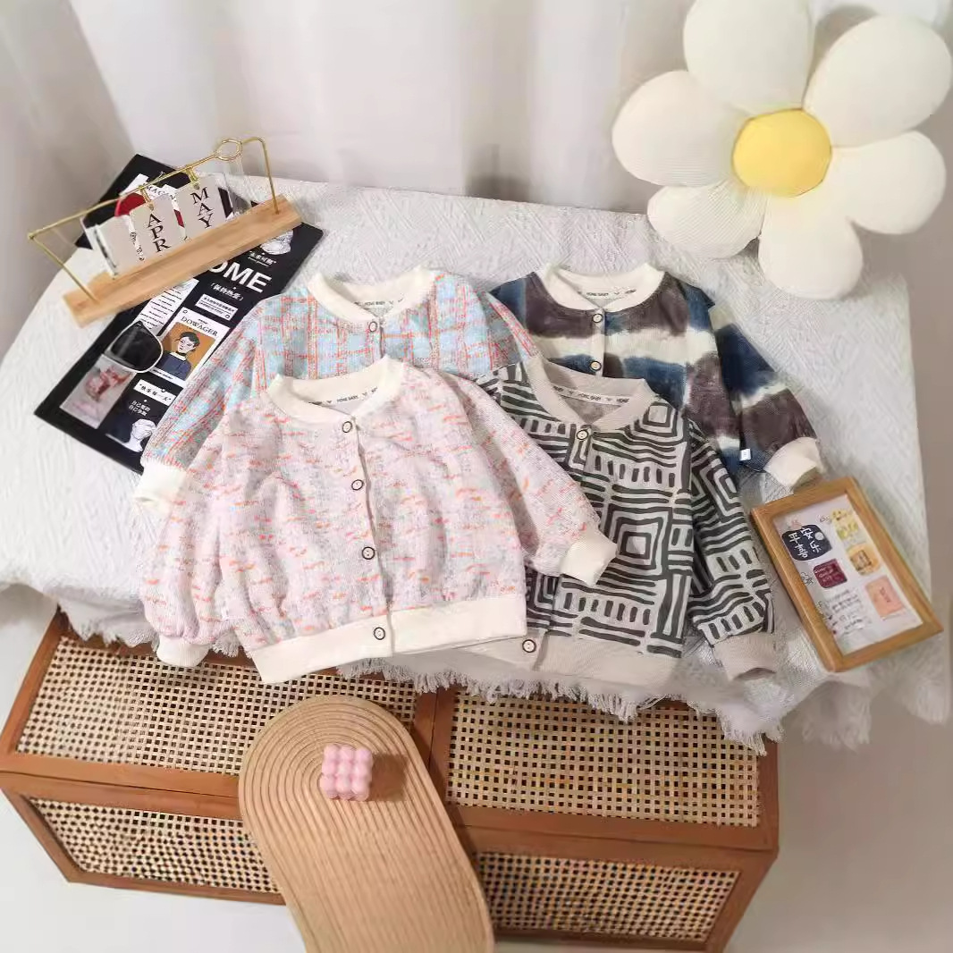 중소형 어린이를 위한 새로운 어린이 야구 유니폼, 패셔너블한 꽃무늬 타이다이 코듀로이 재킷, 베이비 니트 가디건 탑