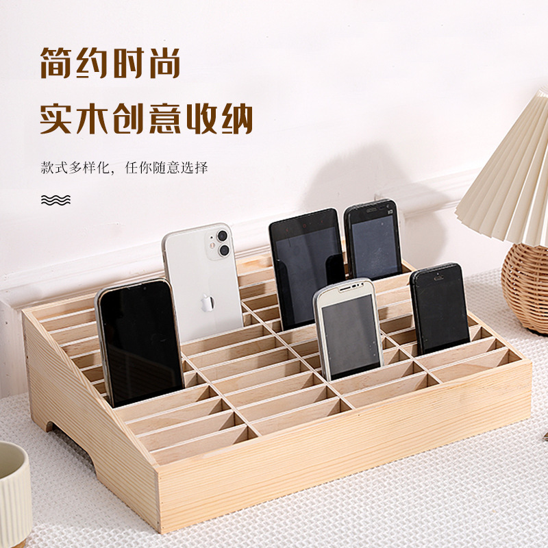 Solid Wood Desktop Student Class Mobile Phone Storage Box Multi-Compartment Office Meeting Storage Rack Tempered Film Case Organizer Box