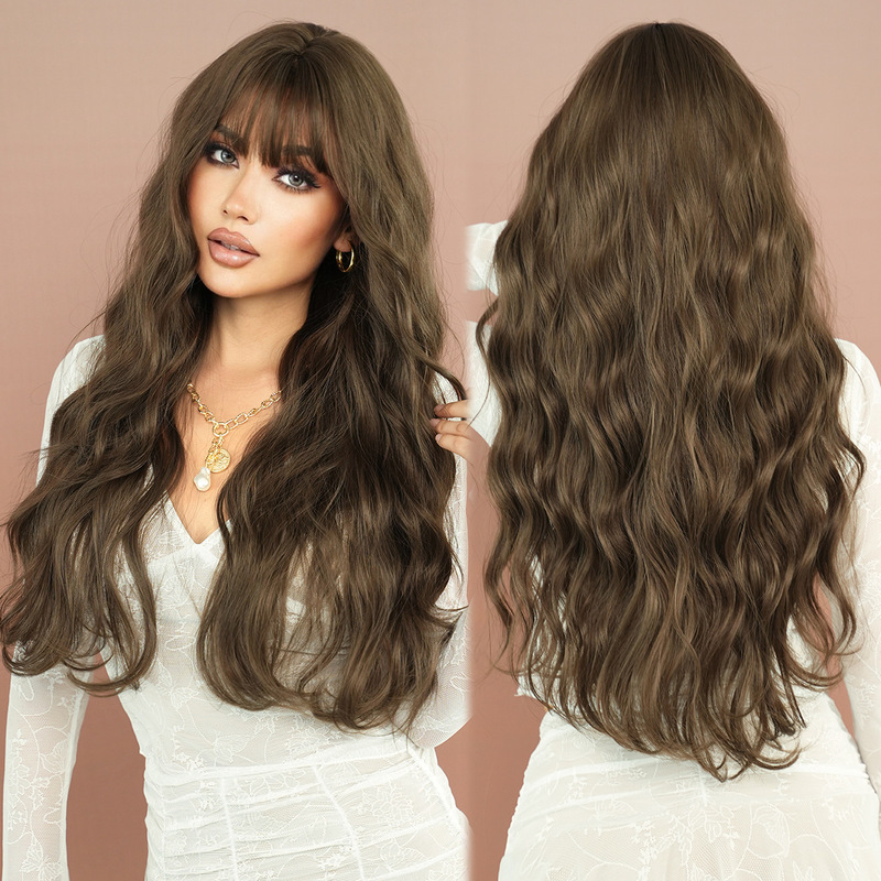 High Quality 30in Super Long Curly Wig Female Brown Big Wave with Bangs Natural Soft Wig Full Headgear