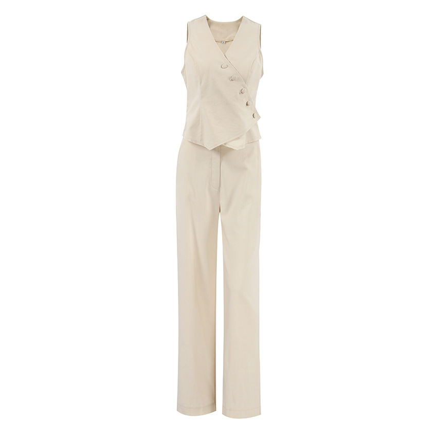 Women's Clothing commuting apricot cotton and linen vest vest wide leg pants two piece suit female 2024 summer deconstruction design suit_voghion.com