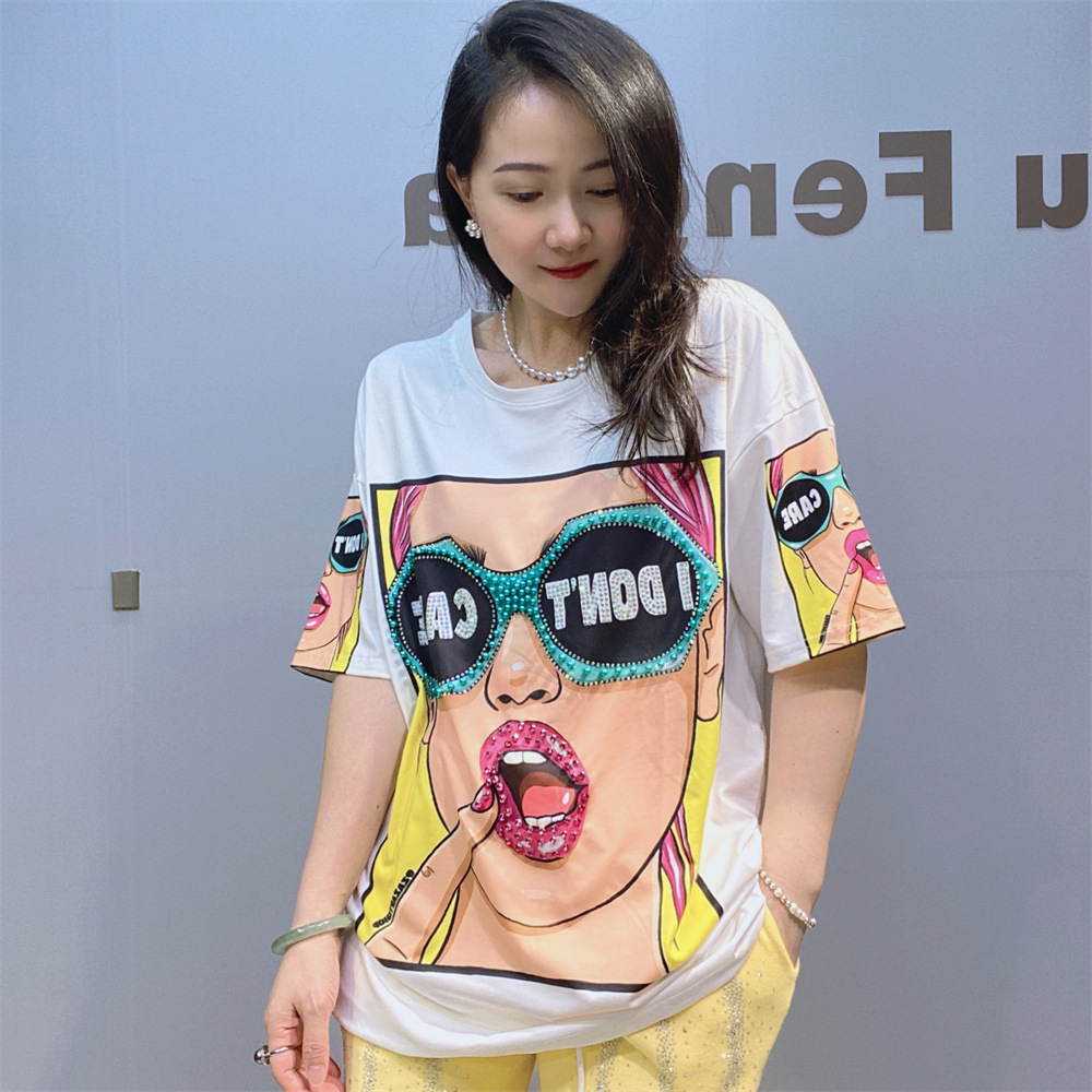 Camiseta de Mujer con Cuentas y Estampado de Algodón y Spandex Corte Holgado para Verano