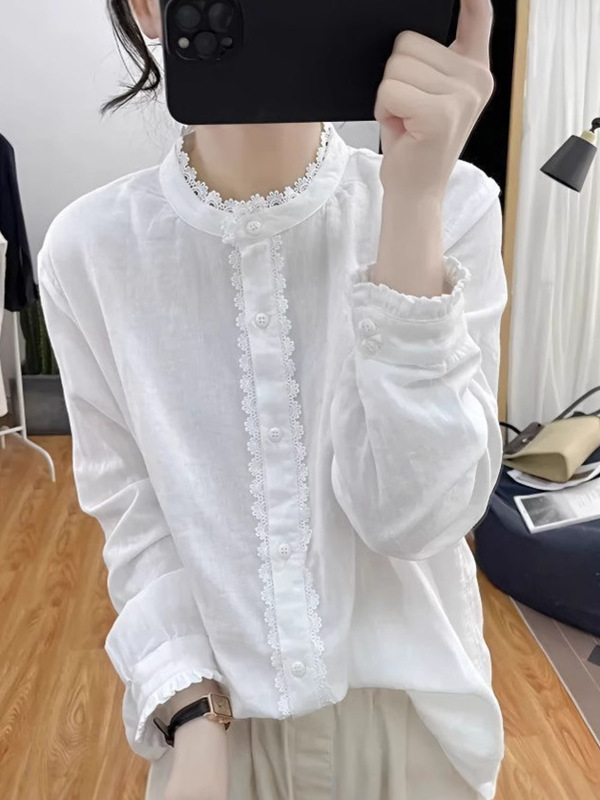 綿麻の長袖のシャツの女性の上着は年齢を減らします。|undefined