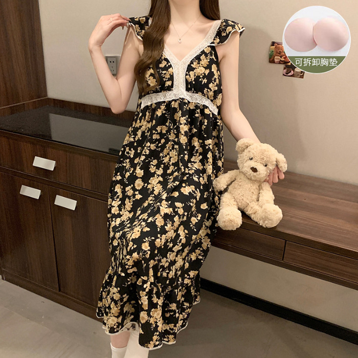 Pijama de cabina de verano de mujer nueva falda larga flor simple con cojín de pecho pijama casero espuma chatter