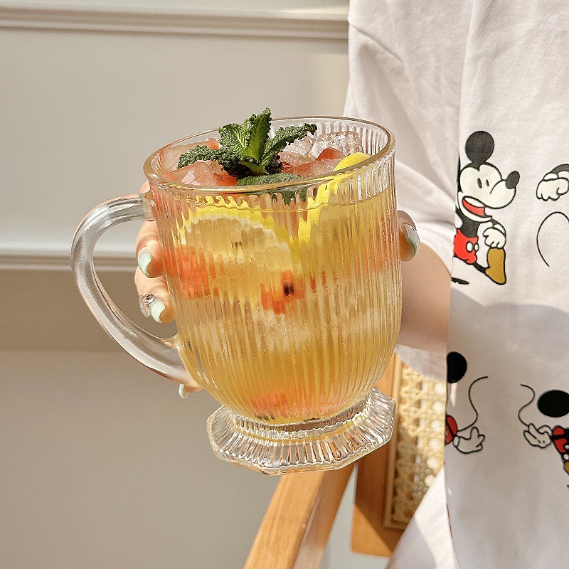 咕嚕咕嚕條紋大口杯 ins風玻璃杯女大容量牛奶杯帶把手飲料水杯子