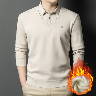Winter New Men's fleece-lined Fake Two-piece Lar Loose Casual Middle-aged Men's Thickened Base Shirt Explosions