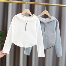秋冬款儿童素色半拉链连帽卫衣外套中大女童时尚简约T恤长袖上衣
