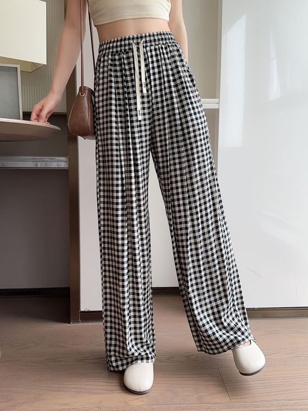 ハイエンドプリントハイウエスト薄い綿シルクワイドレッグパンツ女性の夏のドレープストレートルーズウエスト人工綿カジュアルパンツ|undefined