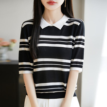 2025年夏季新款天丝莱赛尔娃娃领针织衫五分袖拼色条纹淘汰打底衫