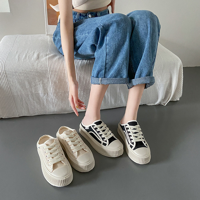 2024 verano nuevos zapatos de galleta ins moda versión coreana de todos los zapatos de lona de arrastre medio zapatos casuales de estudiante de suela gruesa_voghion.com
