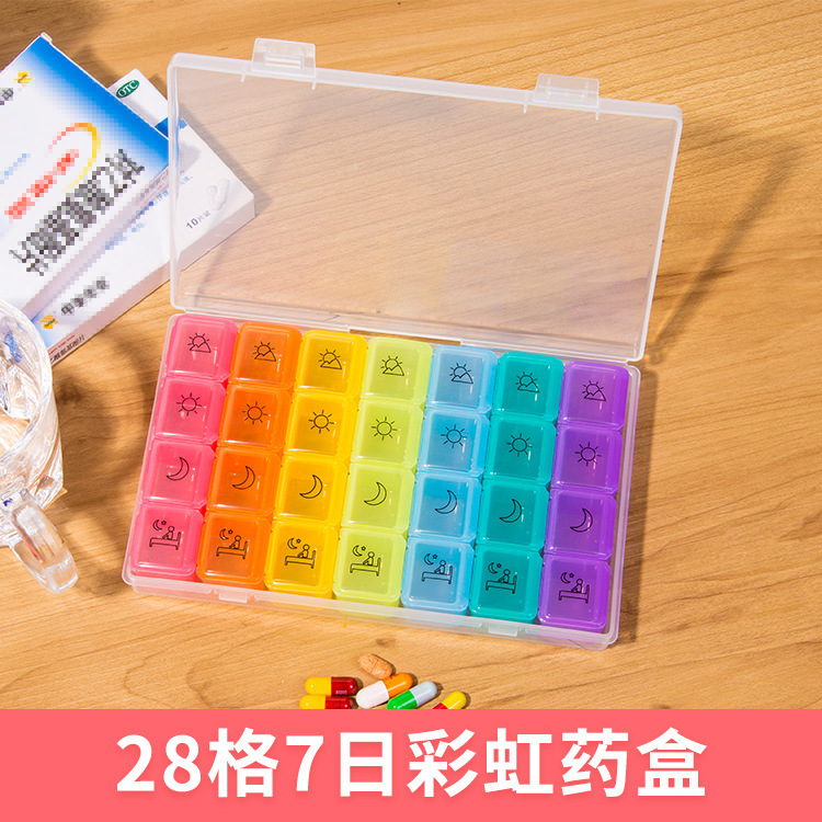 便携式28格药盒一日4次药盒彩虹色七天药盒塑料药盒收纳盒保健药