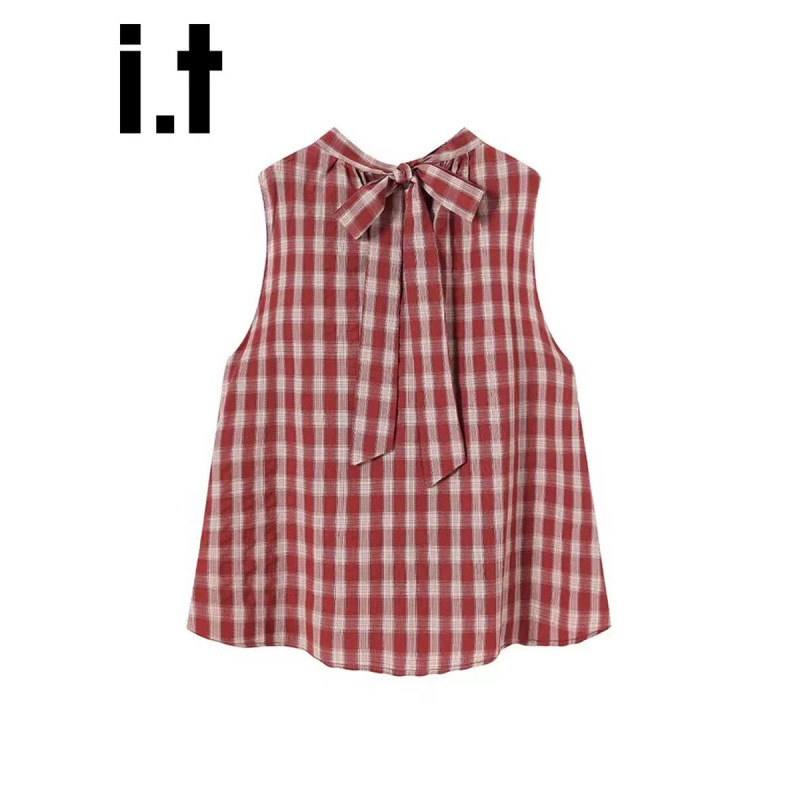 Bright Red Plaid Sleeveless Top 2026 Summer New Korean Style Versatile Loose Tie-Neck Doll Shirt for Women