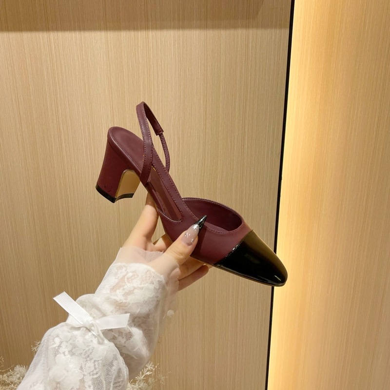 ワインレッドの小香風厚底ヒールシューズ、女性用、バックストラップ付き、スクエアトゥ、配色、ミドルヒール、バックオープン、トゥカバー、サンダル、多用途|undefined