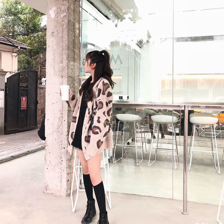 韩版豹纹慵懒风宽松毛衣女外套秋冬跨境新款休闲撞色针织上衣开衫|undefined