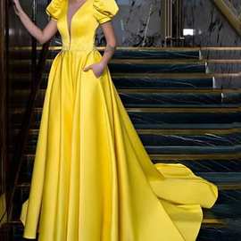 2024欧美跨境新款时尚大摆黄色长款V领高腰时尚性感晚礼服连衣裙