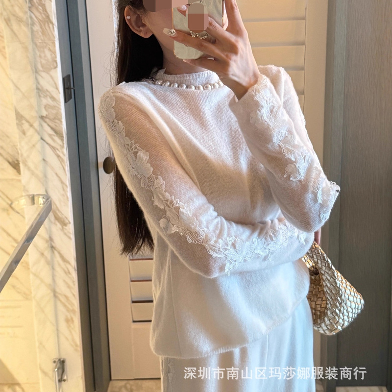 毛衣25秋季新款羊毛蕾丝拼接纯色长袖针织衫修身显瘦气质女上衣女|undefined