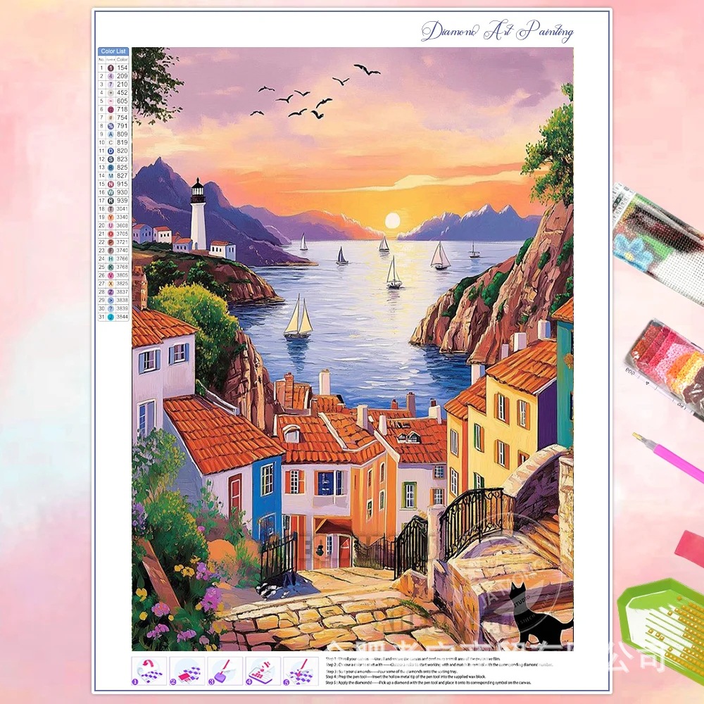 Venta caliente transfronteriza dibujos animados ciudad de bricolaje casa paisaje lleno de diamantes sala de estar dormitorio decoración pegatinas fabricante de pintura de diamantes