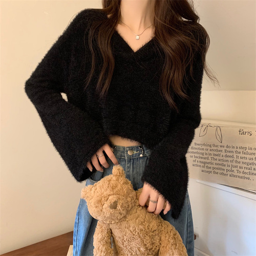 French-style atmosphere collar inner layer crew neck knitted sweater for women autumn and winter faux mink short sleeve sweater