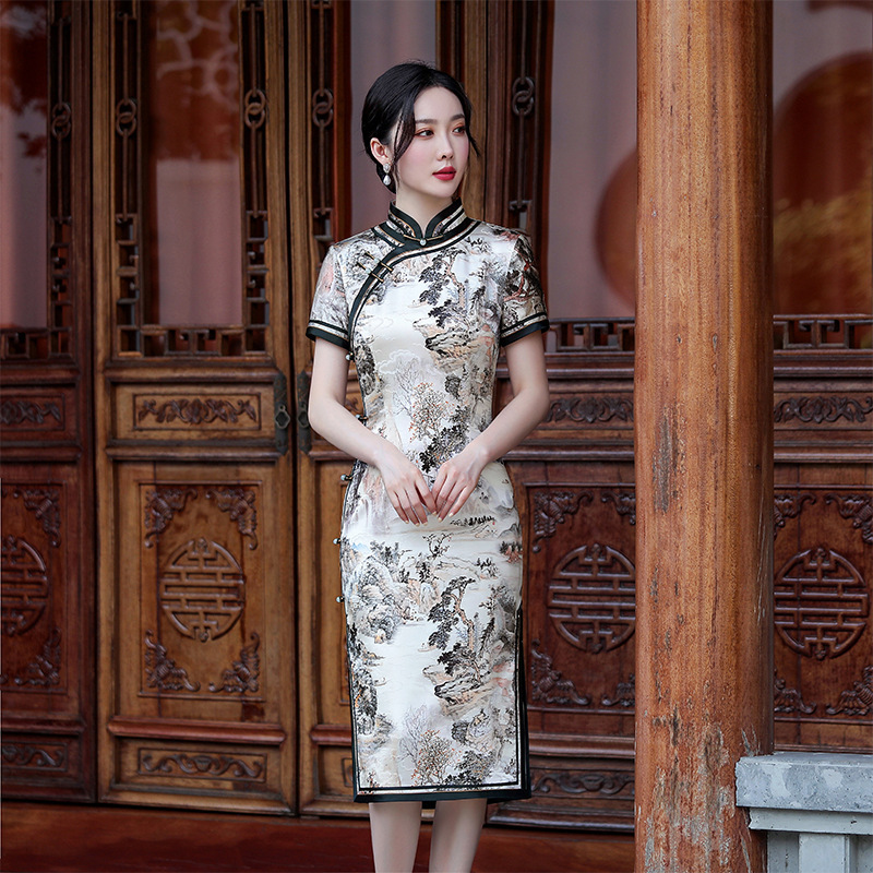 Floral silk Cheongsam Oriental Mulberry Silk Chinese Dresses Retro