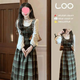 绿格森系复古假两件泡泡袖连衣裙收腰拼接显瘦长裙子女学生春秋季