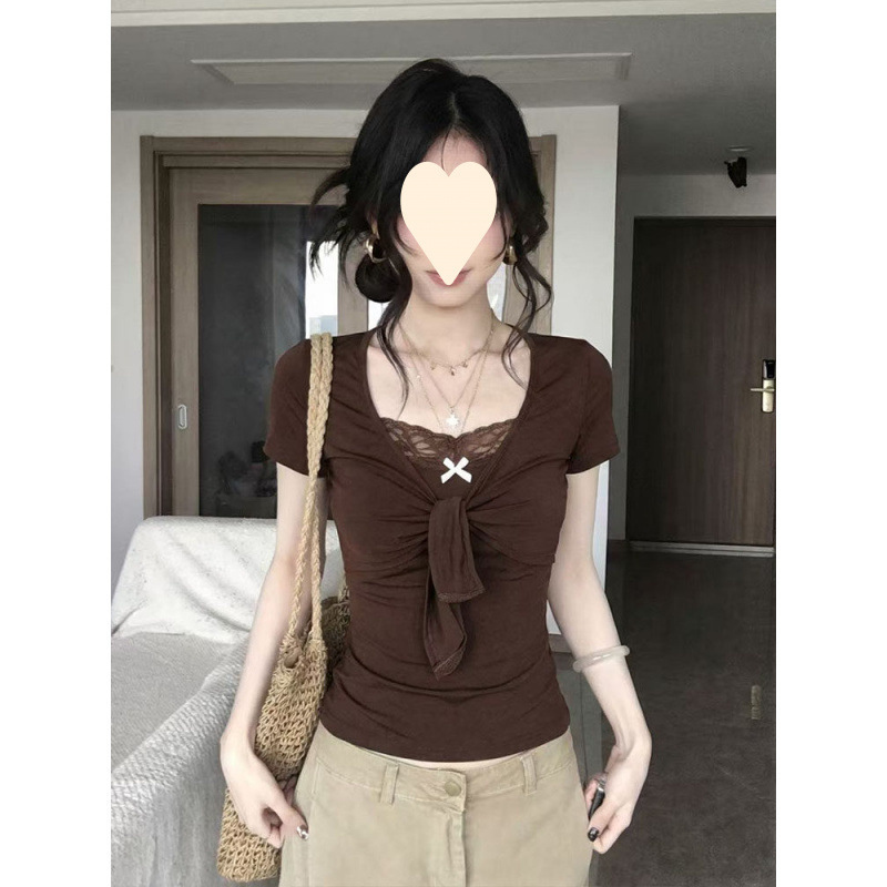 【210克40支精棉1*1】韩式辣妹蕾丝拼接蝴蝶结棕色短袖T恤女上衣