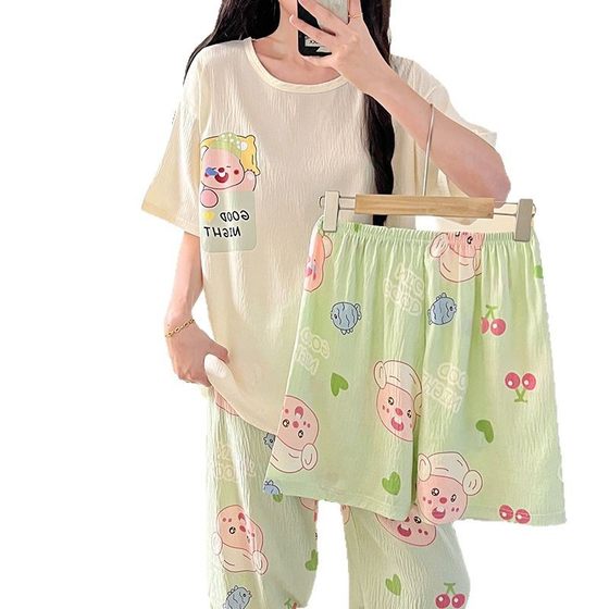 Shake Tone Fast Hand Explosions Cloud Cotton Three-Piece Pajamas Women's Summer Short-Sleeved Shorts Trousers Cartoon Home Clothes suit