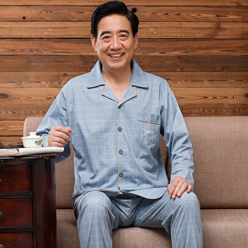 Pijamas de mediana edad y ancianos hombres 100% algodón primavera y otoño manga larga otoño e invierno más tamaño viejo papá traje de uso doméstico