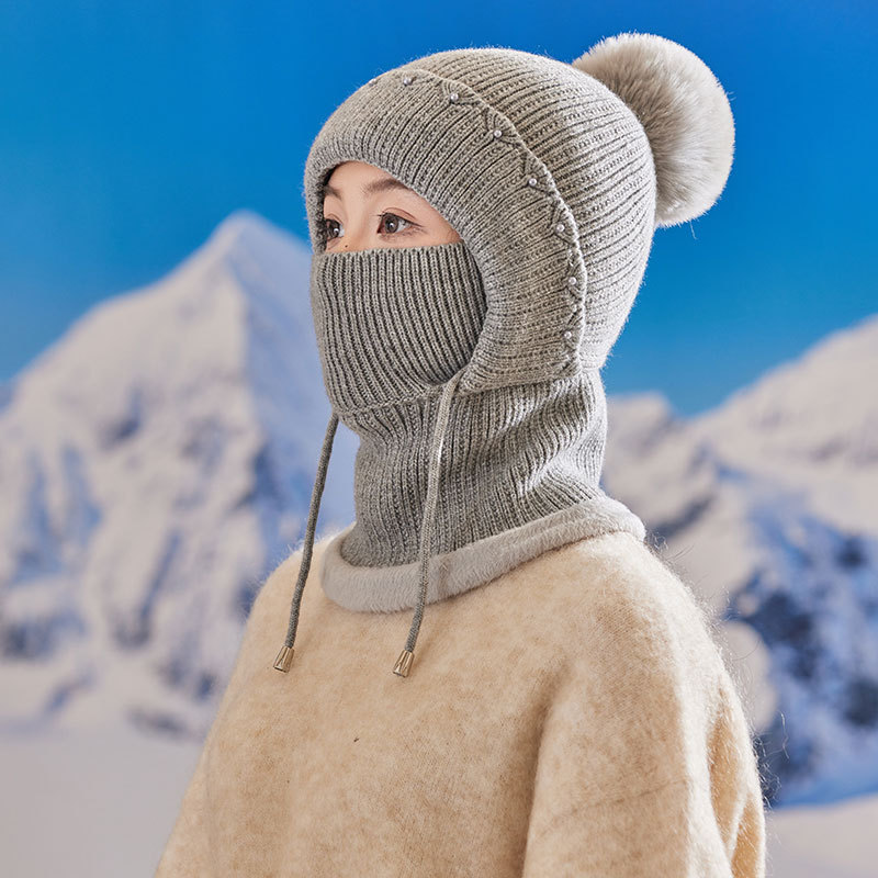 珍珠加绒厚连体帽子女士冬季围脖一体口罩帽户外防风寒保暖骑车帽|undefined