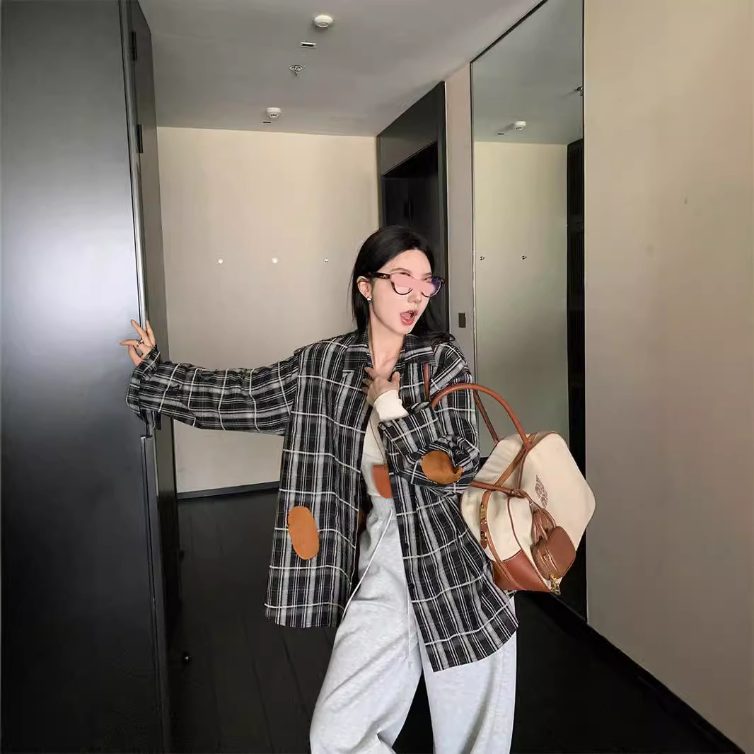 지구 OUYANG 스티칭 격자 무늬 셔츠 코트 여성 가을 디자인 센스 틈새 미국 레트로 셔츠 루즈 탑