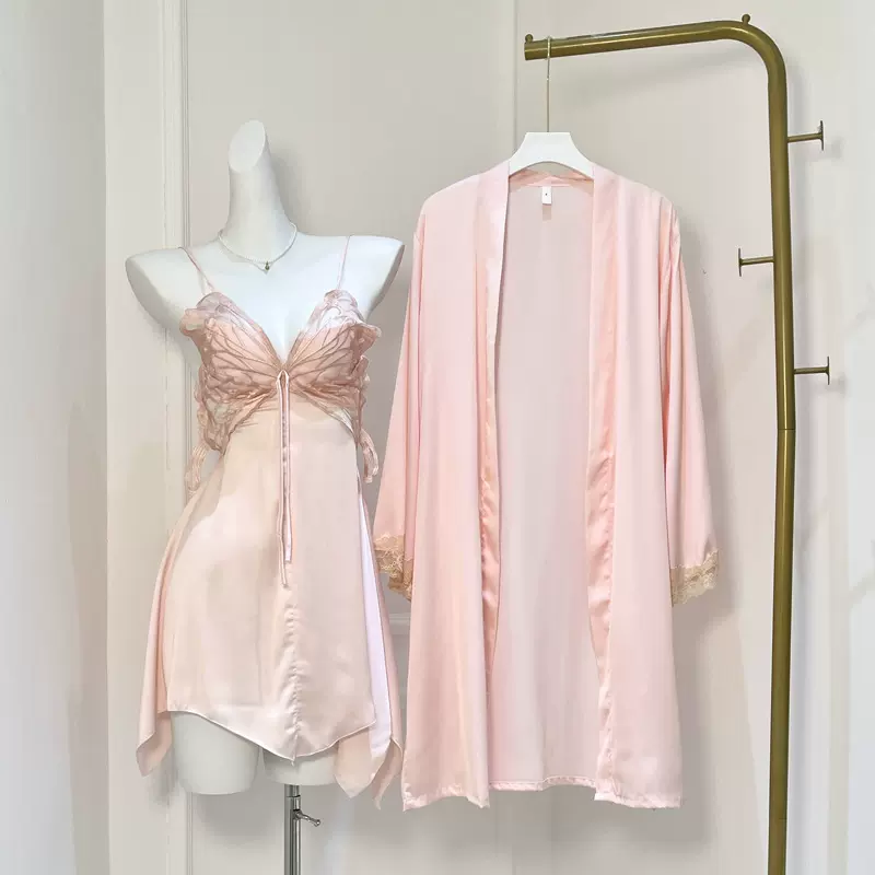 薄款冰丝吊带睡裙睡袍两件套直播爆款女性感诱惑丝绸睡衣蕾丝纯欲