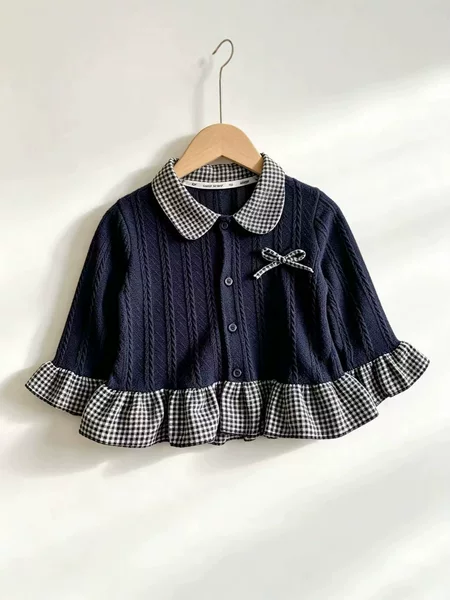 Spring and Autumn New Children's Bowknot Blouse, Girls' Lace Long-Sleeve Shirt with Collar, Versatile Stylish Plaid Top