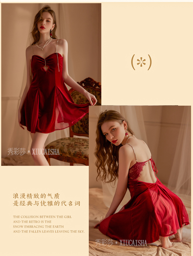 Red Velvet-Feel Sling Nightgown with Rhinestone Detail, One Size, Roleplay Lingerie — detail image 15