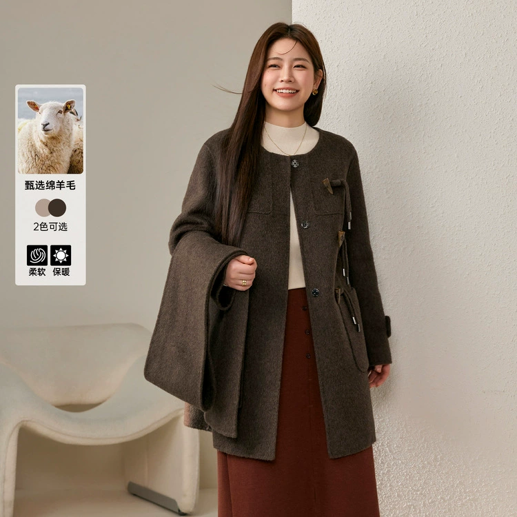 Сплейное шоу большой размер женской одежды ретро пряжка теплый шарф двухсторонний шерстяной жакет жирный mm2024 зимний новый стиль