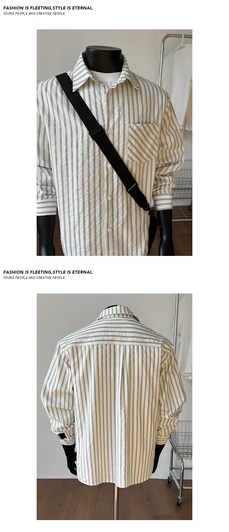 Camicia americana retro a righe grigie e bianche da uomo_voghion.com