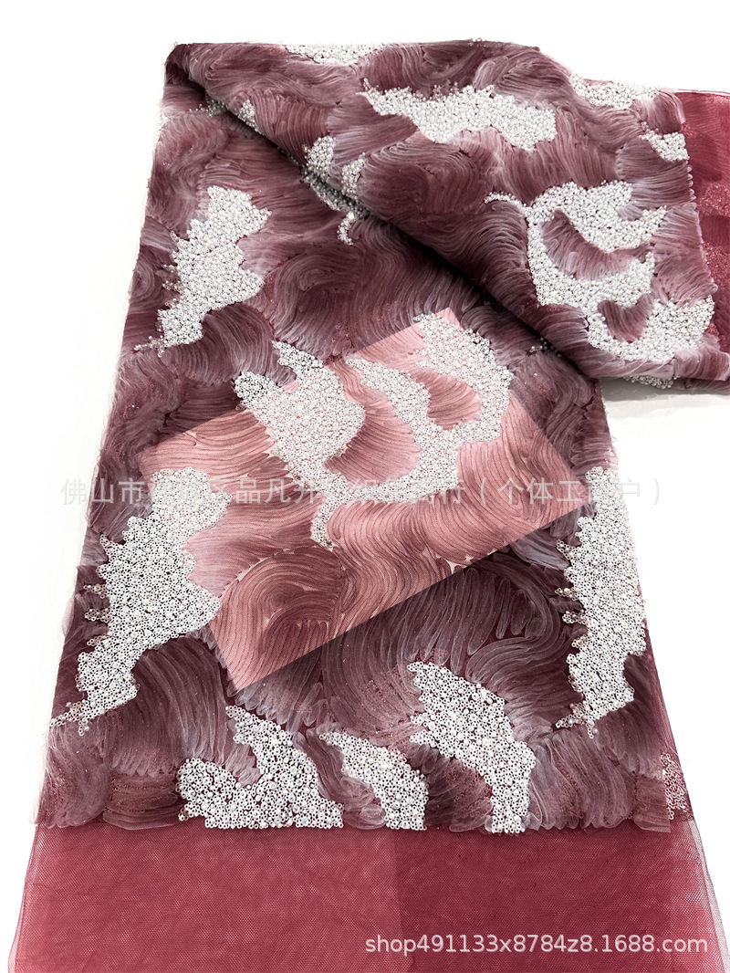 Tela de bordado de tubo de cuentas de onda tridimensional de alta costura vestido de novia de mujer vestido de moda tela en stock